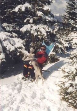 Magam készítette sí-nyugágyamban napozva együtt hancúrozunk egy ugyancsak tél-szerető husky kutyussal.