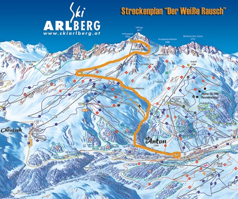 A Feh�r M�mor verseny �tvonala: Valluga - Valfagehrjoch - Ulmerh�tte - Stei�bachtal - Moos - St. Anton