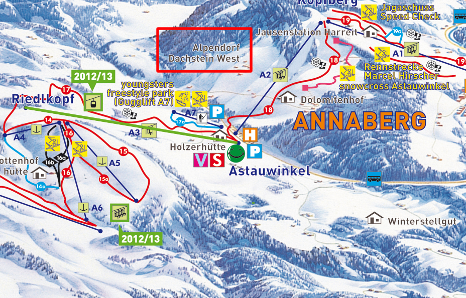 Így nézett ki a 2011/12-es szezonban a sítérkép. A pirossal bekeretezett részen található a üdülőfalu, a tervezett új lift pedig zölddel van jelölve Így nézett ki a 2011/12-es szezonban a sítérkép. A pirossal bekeretezett részen található a üdülőfalu, a tervezett új lift pedig zölddel van jelölve