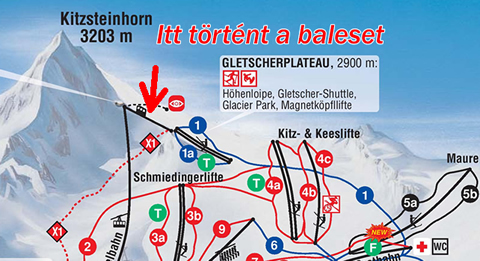 A baleset helyszíne a sítérkép részletén A baleset helyszíne a sítérkép részletén
