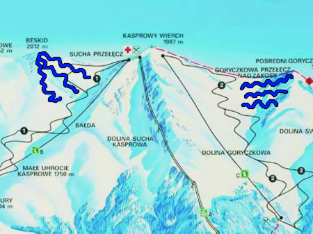 A síterep térképe, az újonnan síelhető hegyoldalak kék, hullámos vonallal jelölve