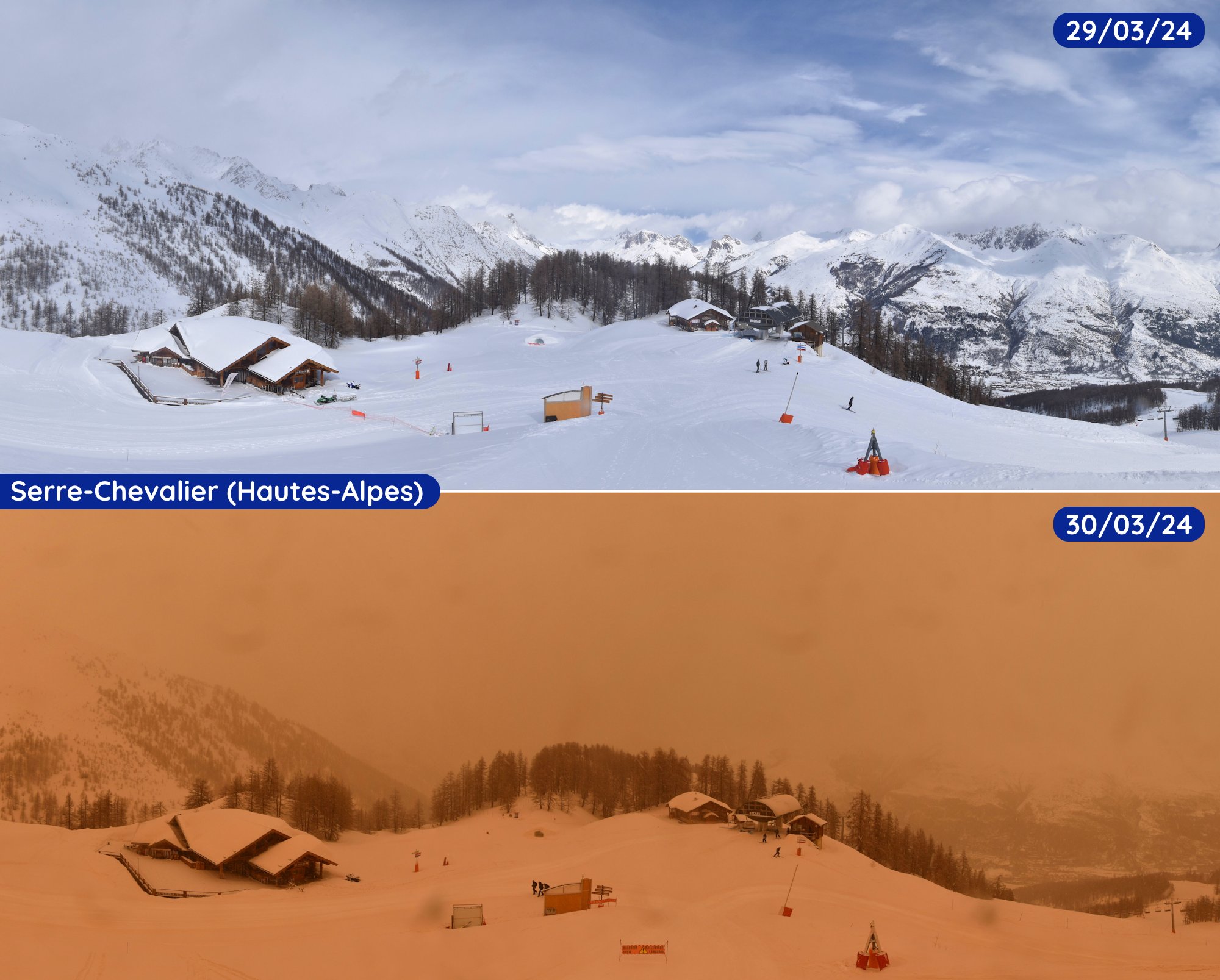 Serre-Chevalier, Franciország, két nap, két különböző webkamerakép (Meteo Express)